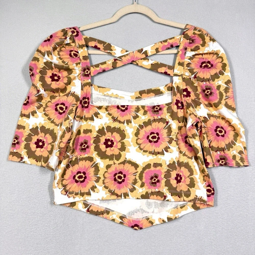 Free People Top Womens XL Give Me More Floral Crop Puff Sleeve Square Neck